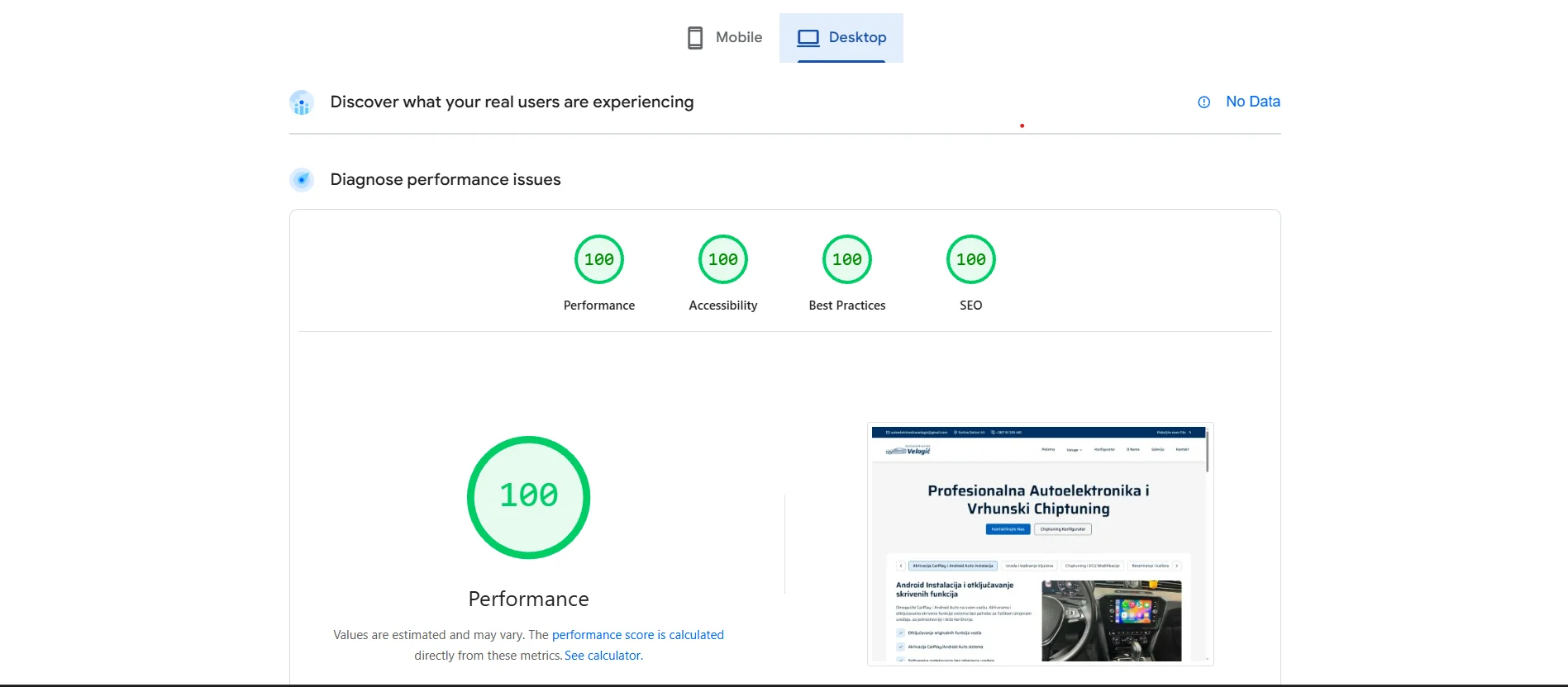 Profesionalna analiza i primjer performansi web stranice Autoelektronika Velagić preko PageSpeed Insights